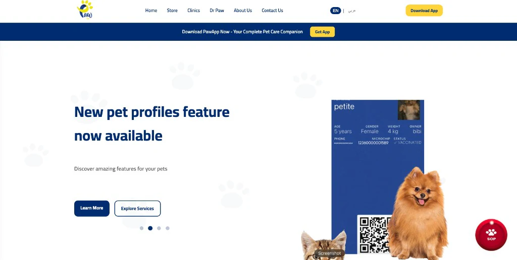 Paw App pet care website homepage